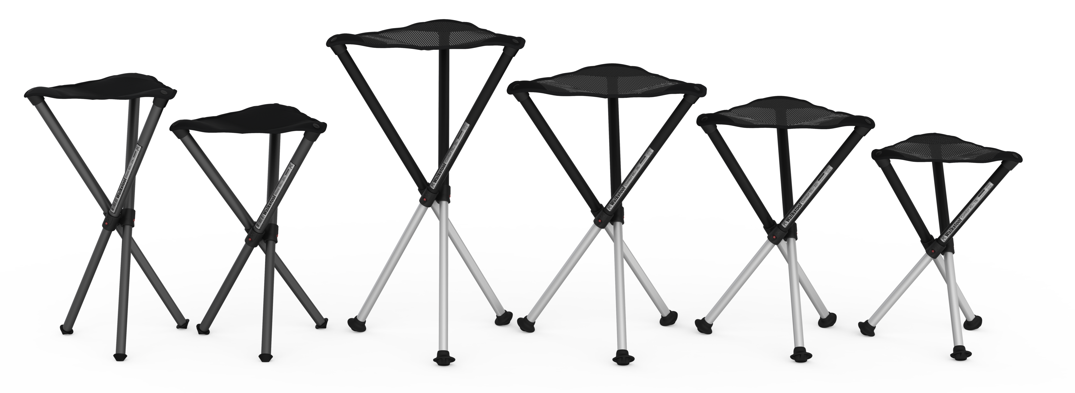 Walkstool Made in Sweden 3 Legged Folding Stool in Aluminium Maximum Load 200 to 250 kg Black and Silver Comfort Model Height 45 to 75 cm 